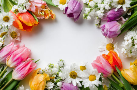 A lovely assortment of spring flowers including tulips, daisies, and lilies is artistically arranged in a circle. Their vibrant colors create a cheerful and fresh atmosphere.の素材