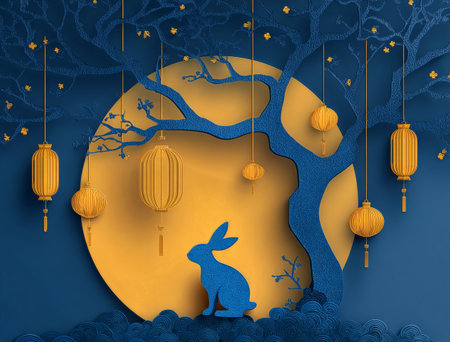 A serene scene captures a rabbit resting near a tree, adorned with yellow lanterns. The background features a vibrant full moon and delicate blue foliage, creating a peaceful atmosphere..の素材
