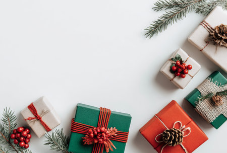 Brightly wrapped Christmas gifts are arranged on a white surface. Seasonal decorations like pine branches and ornaments add festive charm, creating a warm holiday atmosphere.の素材