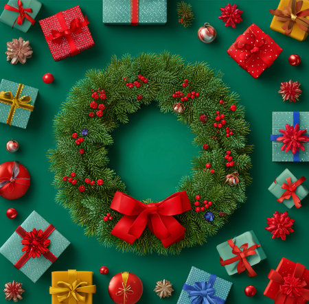 A festive wreath is placed at the center, surrounded by colorful wrapped gifts and ornaments on a green surface, creating a joyful holiday atmosphere.の素材