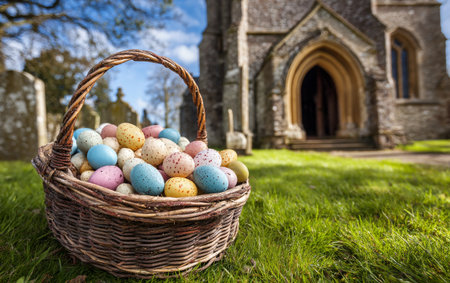 A woven basket filled with vibrant easter eggs sits on lush green grass outside a historic church. The sunlight shines brightly, adding charm to the festive scene..の素材