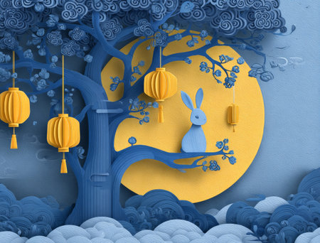 A whimsical blue tree stands against a bright yellow moon, with colorful lanterns hanging from its branches and a rabbit sitting peacefully on a branch. Creative colors enhance the scene.の素材
