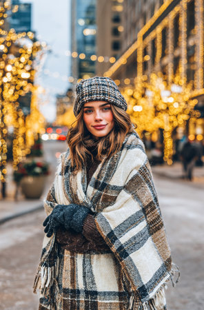 A woman is walking along a snowy street, wrapped in a cozy poncho and hat. The area is decorated with lovely lights, creating a cheerful winter atmosphere..の素材