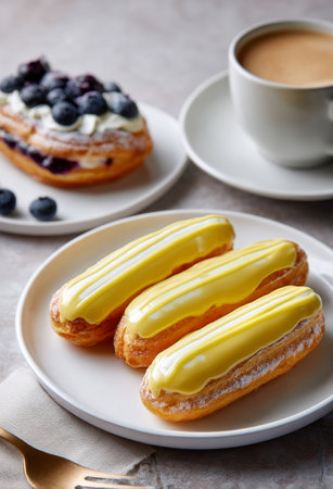 Two yellow frosted pastries sit on a white plate beside a cup of coffee. A dessert with blueberries in the background completes this cafe experience..の素材