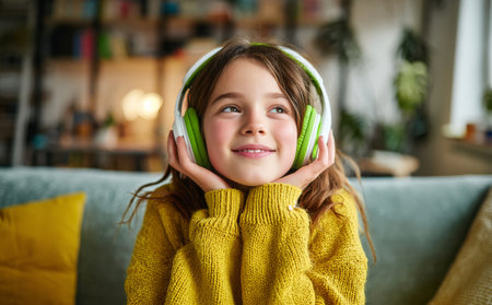 A cheerful girl sits on a comfortable couch, grinning as she listens to music through her green headphones. She wears a soft yellow sweater, surrounded by a warm, inviting space.の素材