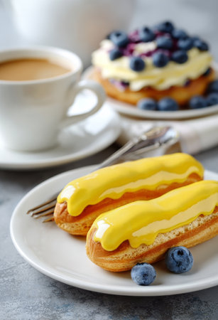 Two yellow frosted pastries sit on a white plate beside a cup of coffee. A dessert with blueberries in the background completes this cafe experience.の素材