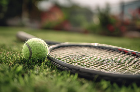 A tennis racket is placed on lush green grass with a bright yellow ball next to it. The sun shines down, creating a warm atmosphere perfect for outdoor sports.の素材
