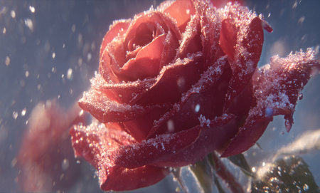 A vibrant red rose stands out against a winter background, its petals dusted with sparkling frost under soft blue light, creating a stunning contrast of color and texture.の素材