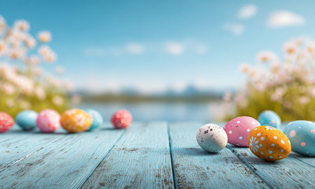 Decorated eggs in pastel colors rest on a blue wooden table near a calm lake. Bright flowers bloom around, creating a cheerful spring atmosphere on a sunny day.の素材