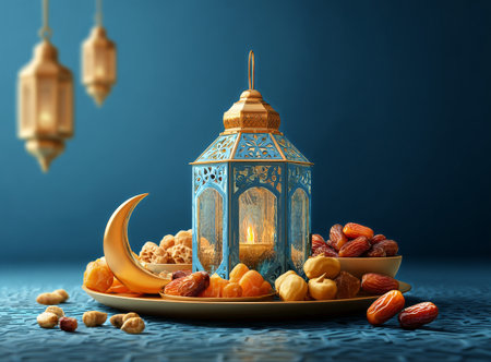 A beautifully arranged display features a decorative lantern, fresh dates, almonds, and a crescent moon against a blue background. This festive setup captures the spirit of celebration..の素材