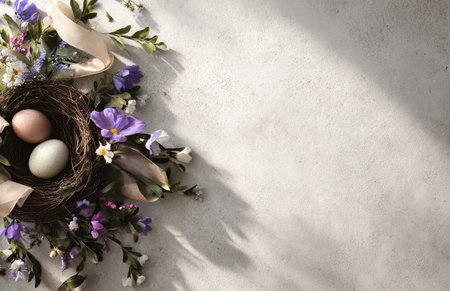 A nest with an egg is surrounded by vibrant yellow flowers and delicate leaves on a soft background, creating a fresh spring atmosphere. Light shadows add depth to the scene..の素材