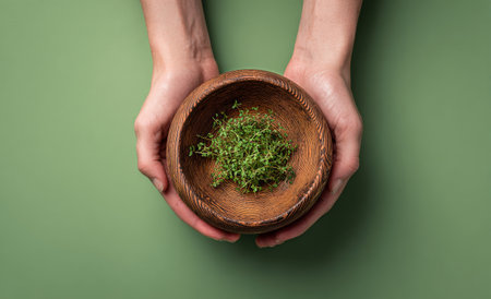 Hands cradle a small wooden bowl filled with fresh herbs, showing the vibrant green color against a matching green backdrop in a cozy kitchen.の素材