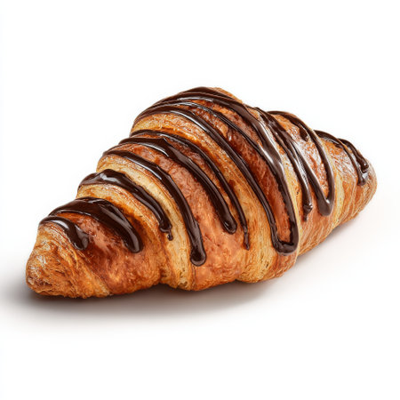 A fresh chocolate croissant sits invitingly with a rich chocolate drizzle on top. Its flaky layers are golden brown and the smell of baked pastry fills the air, making it irresistible.の素材