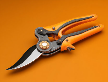 Garden shears with orange handles and a sharp blade placed on a bright orange surface. Perfect for trimming plants, flowers, and shrubs with ease and precision..の素材