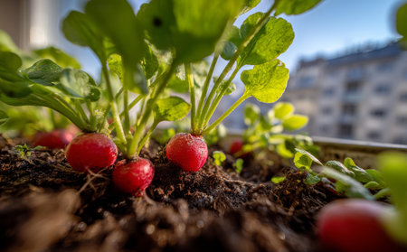 Healthy radishes grow in a small urban garden filled with rich soil. Bright green leaves surround the red bulbous vegetables, showcasing a vibrant backyard scene.の素材
