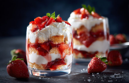 Fresh strawberries are layered with light cream and cake in elegant glass bowls. This delightful dessert is perfect for summer gatherings or special occasions.の素材