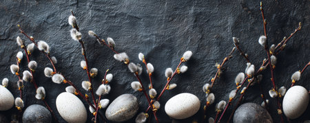 Colorful eggs in various shades are arranged with soft willow branches on a dark surface, creating a festive spring atmosphere perfect for celebrations..の素材