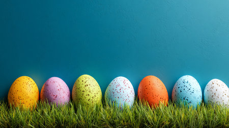 Brightly colored Easter eggs sit in a row on green grass, contrasting against a vibrant blue wall. This setup showcases festive spring spirit and holiday decorations.の素材