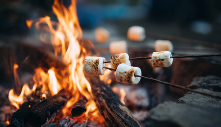 Friends gather around a campfire on a summer evening, toasting marshmallows on sticks. The flames create a warm glow as they enjoy a classic outdoor treat together..の素材