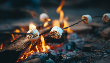 Friends gather around a campfire on a summer evening, toasting marshmallows on sticks. The flames create a warm glow as they enjoy a classic outdoor treat together.の素材