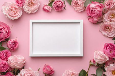 Pink roses surround a blank white card on a soft pink background, perfect for messages, invitations, or greetings. This arrangement is ideal for celebrations or heartfelt notes..の素材