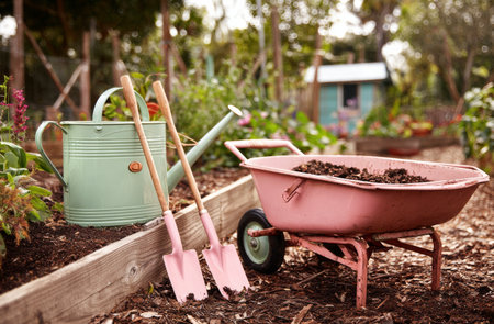 Colorful gardening tools, including a watering can and shovels, rest beside a wheelbarrow in a lush garden during daylight, ready for planting and soil preparation.の素材
