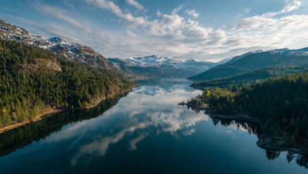 Calm lake reflects surrounding mountains and trees under a clear sky. Soft clouds drift above, creating a serene atmosphere in a tranquil natural setting.の素材