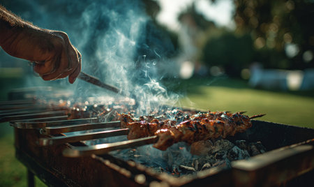 A hand cooks skewered meat over hot coals while smoke rises in a vibrant garden. The sun glimmers through the trees, creating a warm and inviting atmosphere.の素材