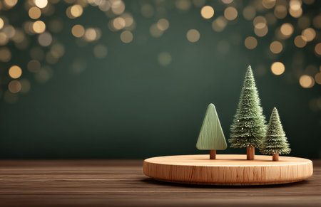 Small wooden trees in green colors stand on a round wooden base, with soft lights creating a festive atmosphere in the background.の素材
