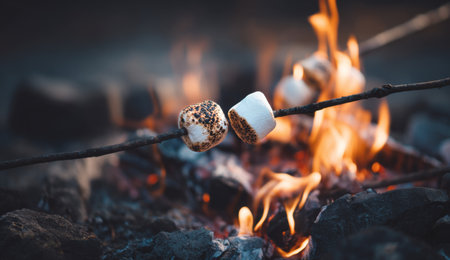 Friends gather around a warm campfire, toasting marshmallows on sticks. The flames crackle as laughter fills the air on a summer night outdoors.の素材