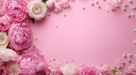 A lovely arrangement of pink flowers, including peonies and ranunculus, surrounds a soft pink background. White pearls add elegance, perfect for events and special occasions.の素材
