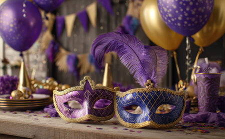 Colorful purple decorations including masks, balloons, and tableware create a vibrant atmosphere for a festive celebration. This setup is perfect for parties or gatherings..の素材