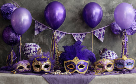 A table is filled with vibrant purple masks, balloons, and decorations for a festive gathering. The setting is bright and lively, perfect for a celebration or party atmosphere.の素材