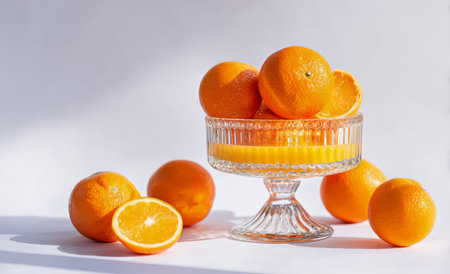 A bowl filled with bright oranges sits next to a small glass of fresh orange juice. The arrangement highlights the vibrant colors and freshness of the fruits..の素材