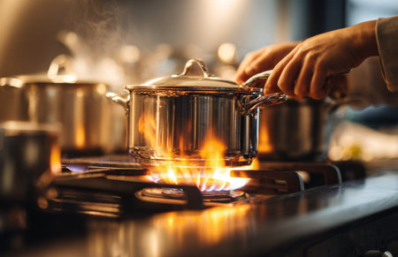 A hand holds a pot on a gas stove, with flames visible underneath. The warm light creates a cozy atmosphere in the kitchen as cooking takes place during the evening..の素材