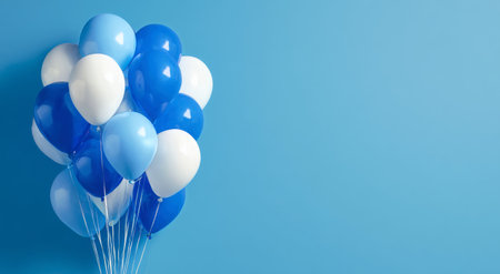 A cluster of blue, white, and turquoise balloons fills the space, bringing joy to the setting. The balloons are gently swaying, creating a festive atmosphere..の素材