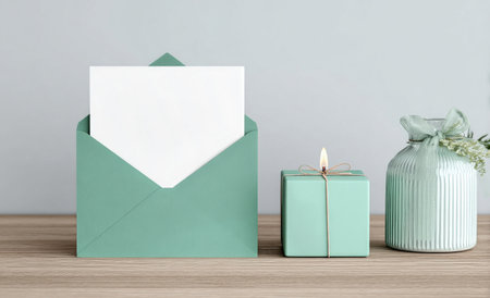 A teal envelope holds a blank card beside a wrapped gift and a simple candle on a wooden table. The vase adds a touch of decor, creating a cozy atmosphere for any occasion.の素材