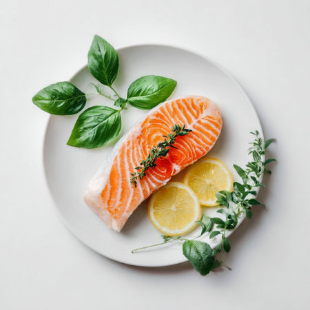 Bright pink salmon fillet rests on a white plate, surrounded by fresh basil leaves, thyme, and lemon slices, showing a vibrant and healthy meal option.の素材
