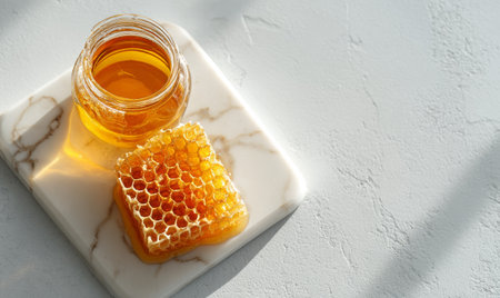 A jar of golden honey sits next to a piece of honeycomb on a marble surface. The sunlight shines on the sticky sweetness, creating a warm and inviting atmosphere.の素材