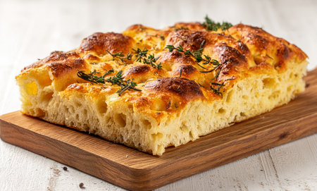 Golden-brown focaccia bread sits on a wooden board, topped with fresh herbs. The soft, airy texture invites tasting, showcasing its homemade quality.の素材