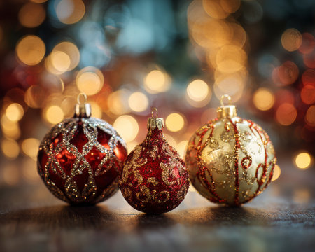 Three shiny ornaments in red and gold sit on a rustic wooden table, illuminated by soft, warm lights in the background, creating a cozy holiday atmosphere..の素材