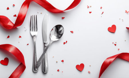 A tablespoon and a fork rest on a smooth surface beside a flowing red ribbon. This setting suggests a festive atmosphere, perfect for special occasions and gatherings..の素材