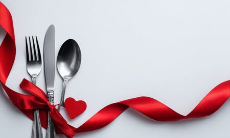Cutlery displayed elegantly with a red ribbon tied around a fork and spoon, suggesting a special dining experience, perfect for celebrations or holiday gatherings..の素材