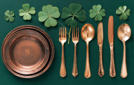 A stylish table setting features copper plates and gold utensils arranged neatly. Fresh green clovers enhance the festive feel, perfect for a St. Patricks Day gathering.の素材
