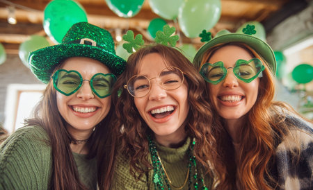 Three friends smile happily while dressed in green attire, celebrating St. Patricks Day in a decorated venue filled with balloons and decorations..の素材
