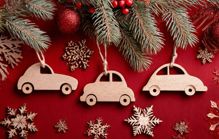 Three wooden car ornaments dangle from green pine branches, surrounded by red and gold decorations, creating a festive mood for the holiday season.の素材