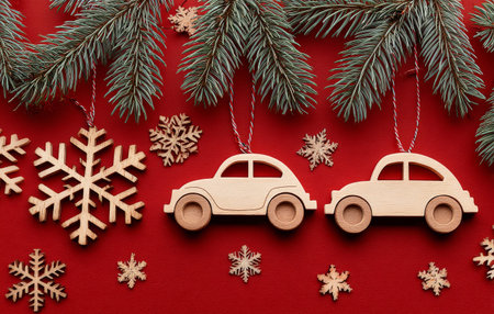 Three wooden car ornaments dangle from green pine branches, surrounded by red and gold decorations, creating a festive mood for the holiday season..の素材