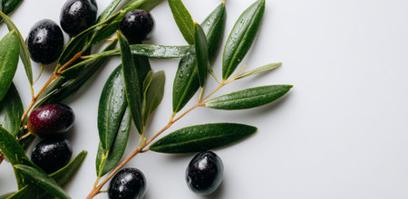 Fresh black olives lie among lush green leaves on a light surface, showing their natural beauty and freshness in a simple yet appealing arrangement that invites admiration.の素材