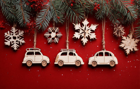 Wooden car decorations dangle against a bright red background. Snowflakes and evergreen branches add a festive touch to this holiday display, creating a joyful atmosphere.の素材
