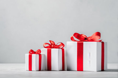 Various white gift boxes wrapped in red ribbons and adorned with bows are arranged on a white surface. Some red ornaments and berries add a festive touch to the scene..の素材